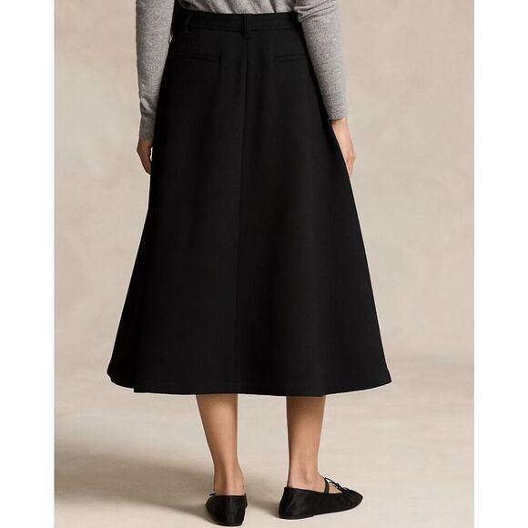 Polo Ralph Lauren Wool Crepe Buttoned Skirt Black Midi 2 A Line Flare $600 - Picture 4 of 10